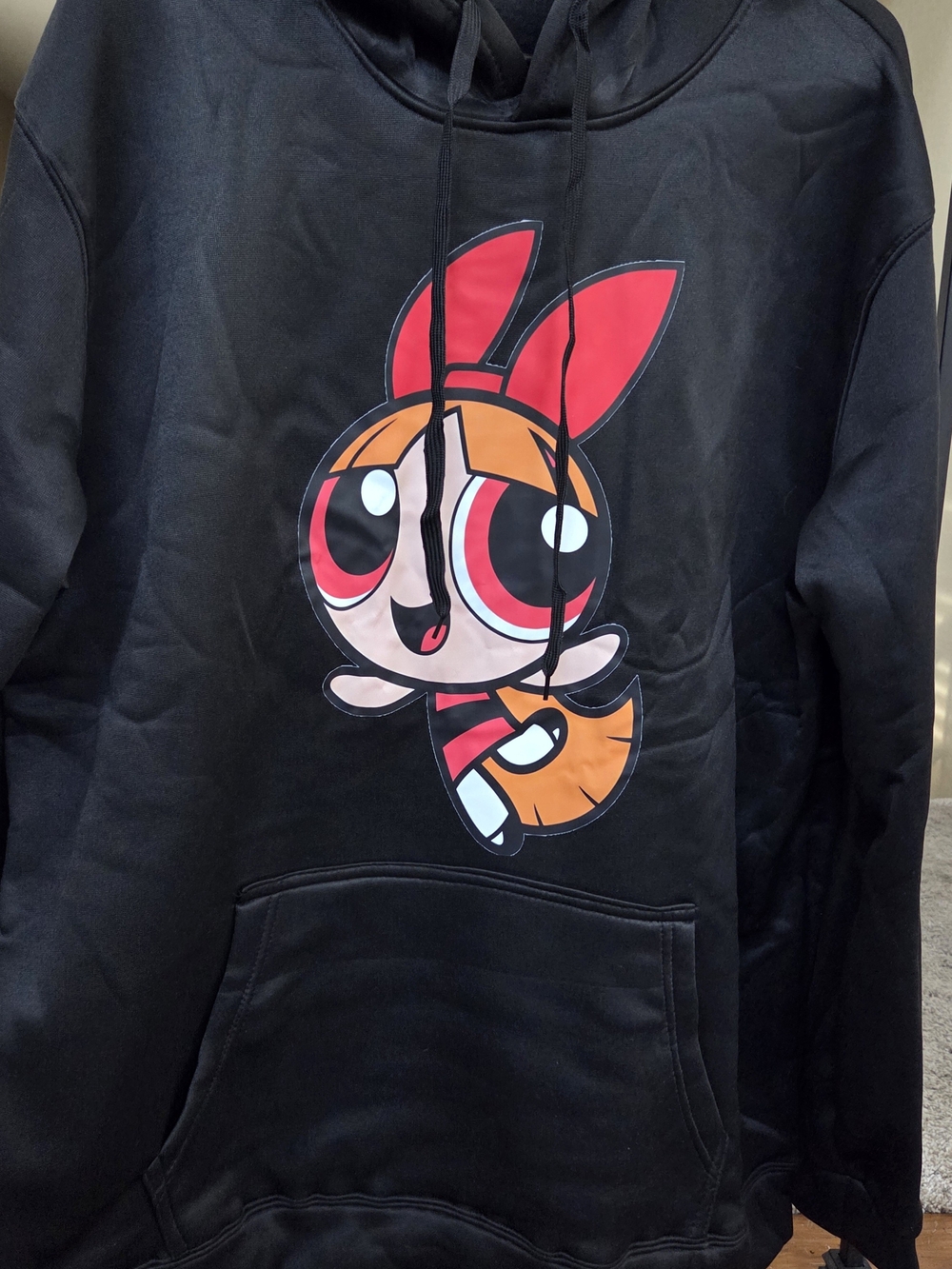 Black Cartoon Graphic Hoodie with Red & Orange Accents